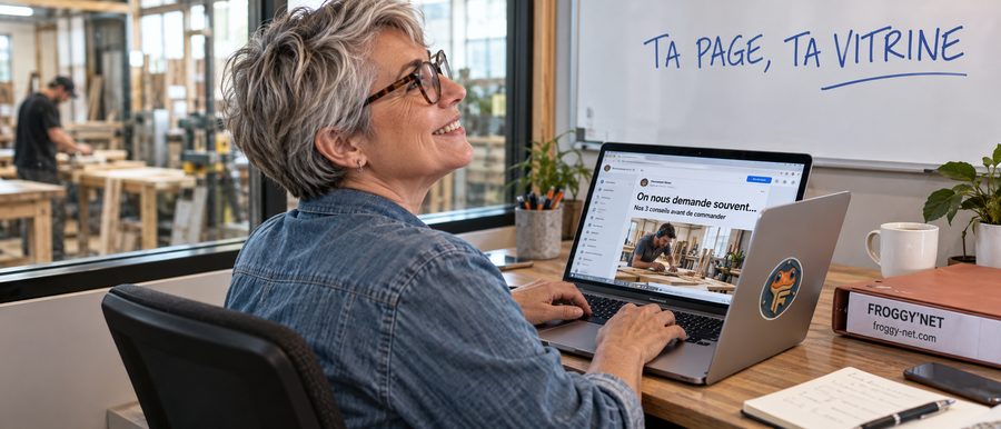 Page entreprise LinkedIn d'une PME : une propriétaire relit sa publication utile sur son portable, « TA PAGE, TA VITRINE »