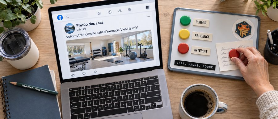 Témoignages de patients sur la page Facebook d'une clinique des Laurentides : aimants vert, jaune, rouge pour classer les publications
