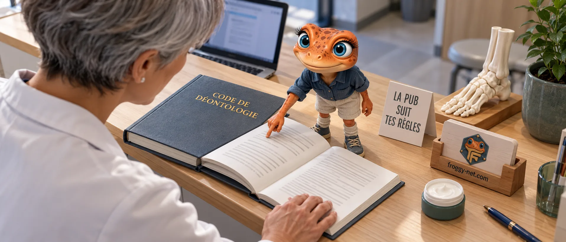Publicité Google pour une clinique : Mini Froggy pointe le code de déontologie sur le comptoir d'une clinique de podiatrie, La pub suit tes règles