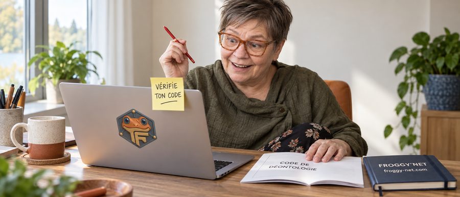 Avis Google clinique : Valérie Payotte, surprise, s'arrête devant un Post-it « Vérifie ton code » et un code de déontologie