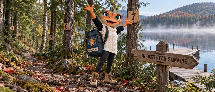 Les 7 gestes pour faire connaître son entreprise localement : Mini Froggy atteint la septième balise d’un sentier de forêt au bord d’un lac des Laurentides