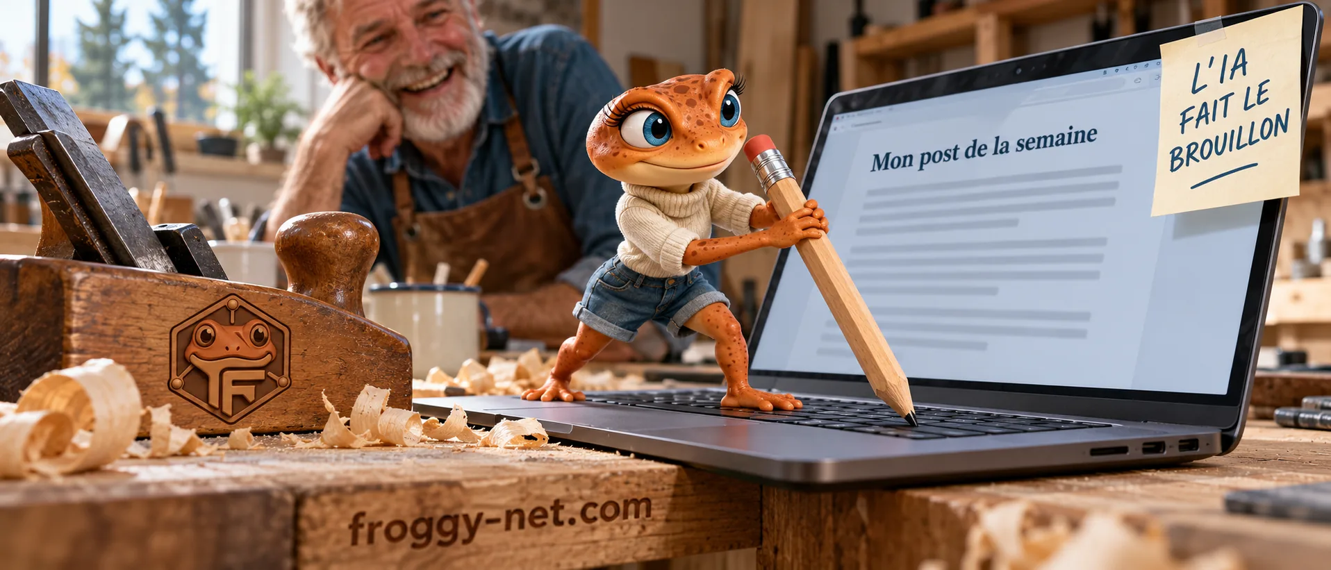 Solutions IA en marketing : Mini Froggy pousse un crayon géant sur le clavier d'un ébéniste de Prévost qui rit, L'IA fait le brouillon