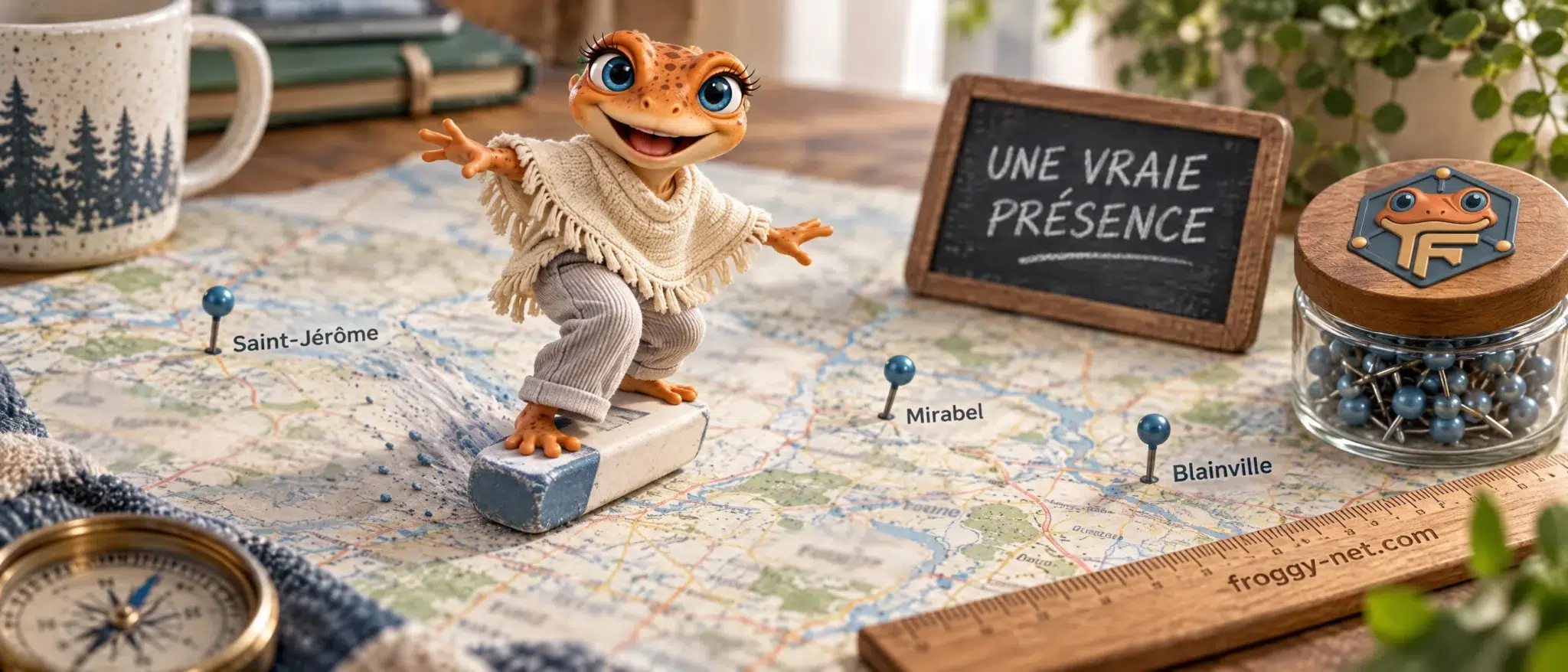 Une page par ville en SEO local : Mini Froggy fait du surf sur une carte des Laurentides marquée Saint-Jérôme, Mirabel et Blainville