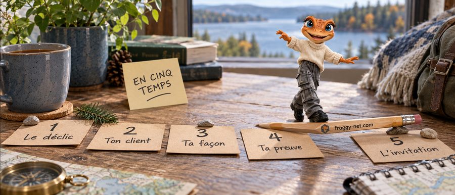 Comment présenter son entreprise en cinq temps : Mini Froggy traverse un pont-crayon entre cinq fiches kraft numérotées