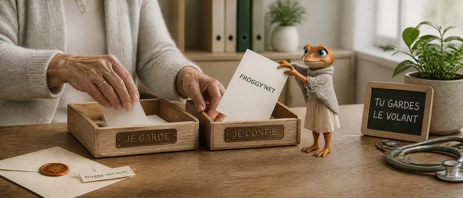 Plan marketing d'une clinique : la gestionnaire trie ce qu'elle garde et ce qu'elle confie, Mini Froggy dépose une feuille dans le bac je confie
