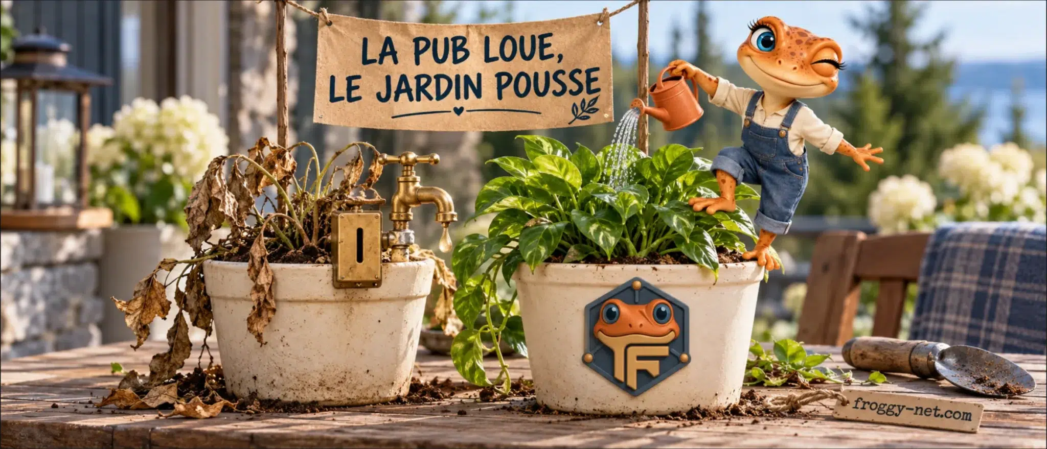 Pub ou référencement naturel : Mini Froggy arrose une plante qui pousse seule à côté d'une plante branchée sur un compteur, la pub loue, le jardin pousse