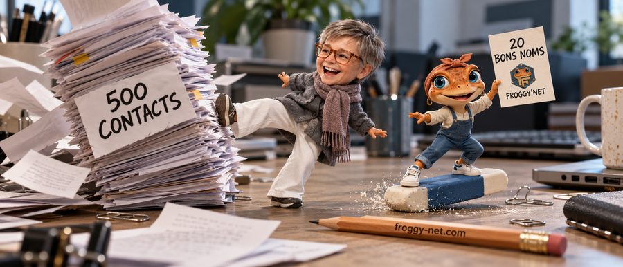 Prospecter des clients intelligemment : mini-Val fait tomber une pile de 500 contacts pendant que Mini Froggy tient 20 bons noms