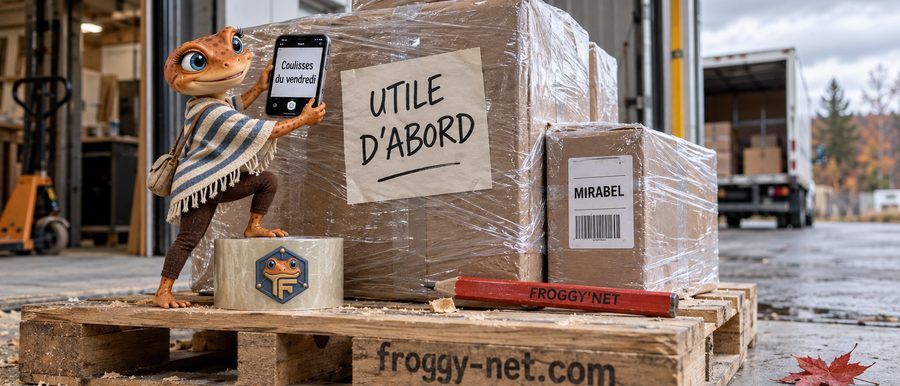 Règle 4-1-1 LinkedIn pour une PME des Laurentides : Mini Froggy prépare une publication au quai de chargement d'un atelier à Mirabel