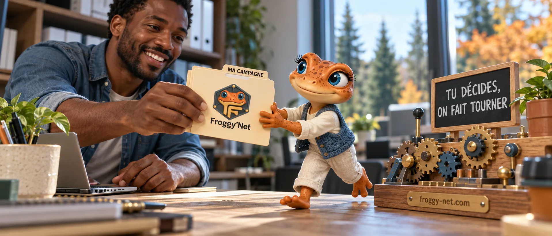 Confier sa campagne Google Ads chez Froggy : un entrepreneur tend le dossier Ma campagne à Mini Froggy, Tu décides, on fait tourner