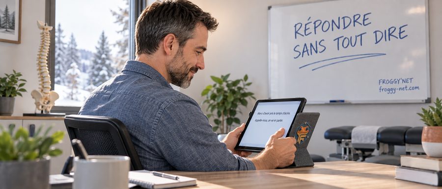 Avis Google clinique : un chiropraticien des Laurentides répond à un avis sur sa tablette, « Répondre sans tout dire »