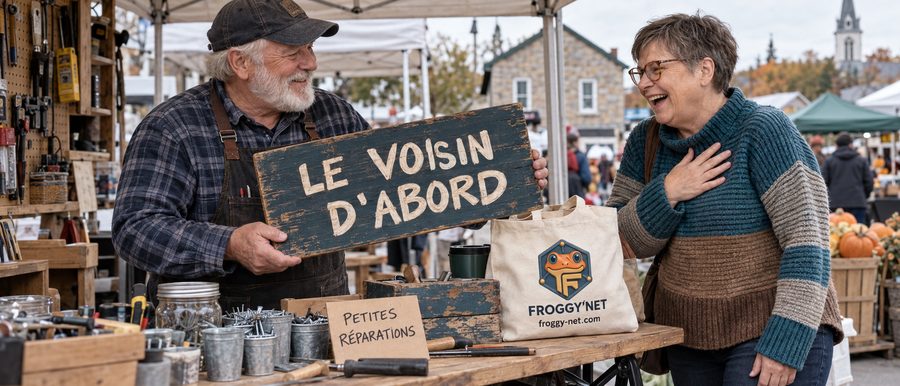 Exemple pour faire connaître son entreprise localement : Valérie rit avec un quincaillier au kiosque du marché public, enseigne Le voisin d’abord