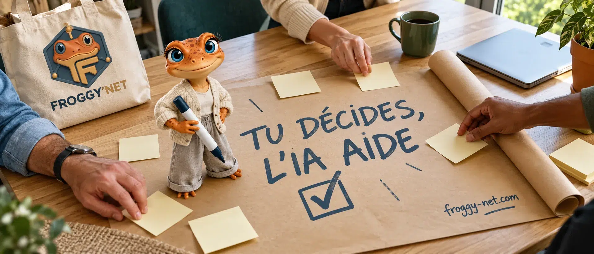 L'IA en marketing chez Froggy'Net : Mini Froggy coche une case sur un carton Tu décides, l'IA aide, autour d'une table d'équipe à Mirabel