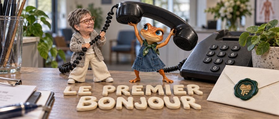 L'accueil d'une clinique, première étape pour garder ses nouveaux patients : Mini Froggy et Valérie miniature au téléphone