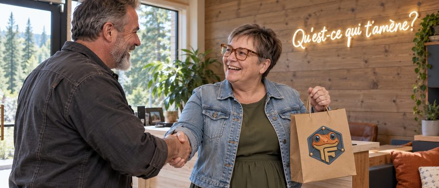 Phrase d’accueil client la plus efficace : Valérie accueille un entrepreneur chez Froggy sous un néon Qu’est-ce qui t’amène?