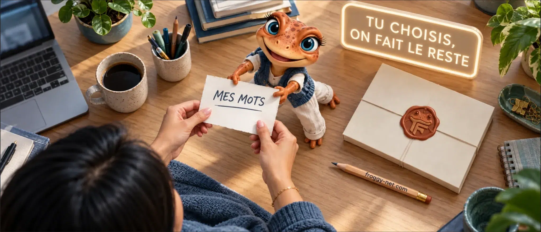 Déléguer ses mots clés : une gestionnaire tend sa fiche Mes mots à Mini Froggy, néon Tu choisis, on fait le reste