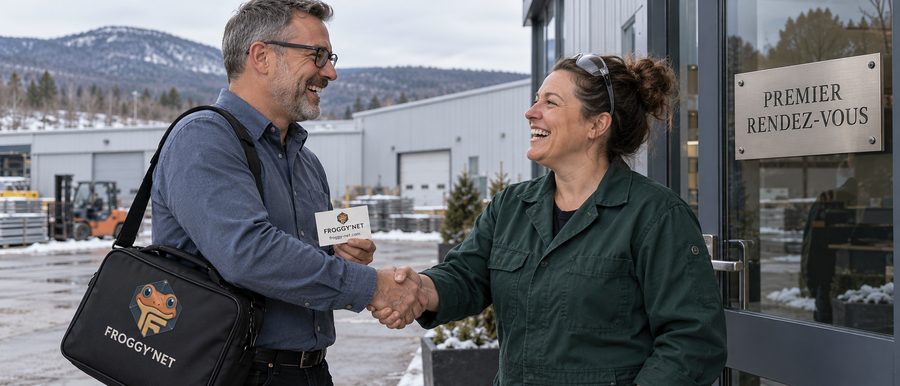 Exemple pour prospecter des clients : un dirigeant de firme TI de Blainville au premier rendez-vous devant une usine des Laurentides