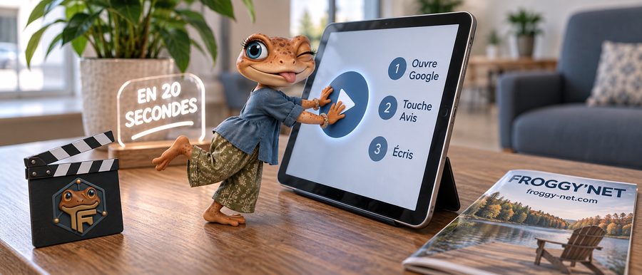 Avis Google clinique : Mini Froggy appuie sur lecture d'une vidéo de 20 secondes qui explique comment laisser un avis