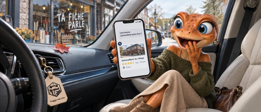Faire connaître son entreprise localement en ligne : Mini Froggy découvre sur un iPhone la réponse d’une IA qui recommande une quincaillerie du village