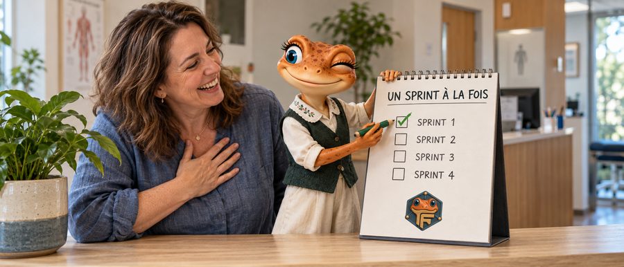 La méthode Froggy pour attirer de nouveaux patients : une propriétaire de clinique et Mini Froggy devant un calendrier de mini-sprints