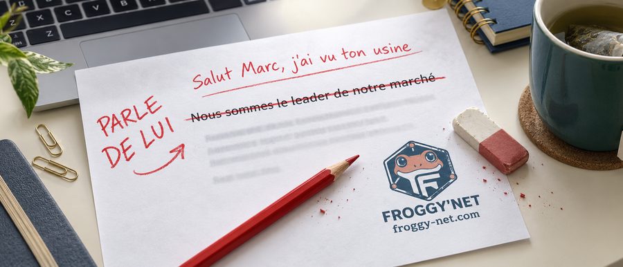 Aborder un client pour la première fois : un premier message de prospection corrigé au crayon rouge, Parle de lui