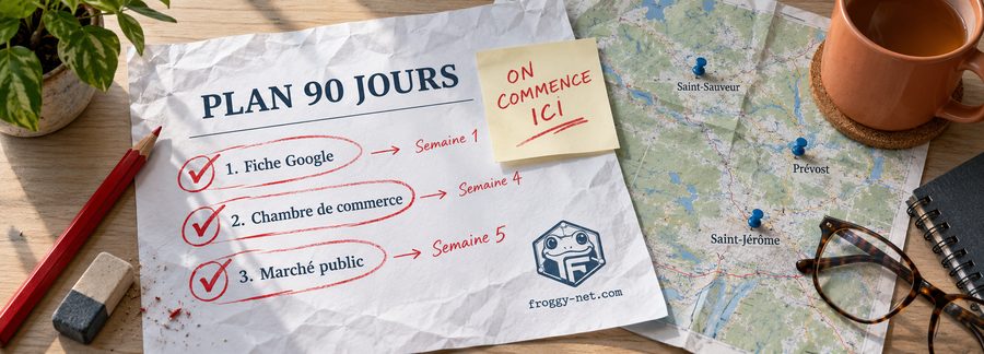 Par où commencer pour faire connaître son entreprise localement : un plan de 90 jours annoté au crayon rouge à côté d’une carte des Laurentides