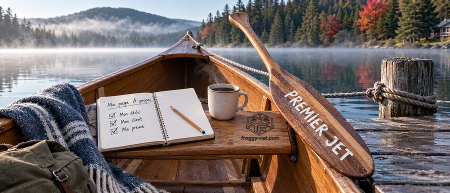 Par où commencer ta page à propos : un carnet Ma page À propos ouvert dans un canot au quai d’un lac des Laurentides