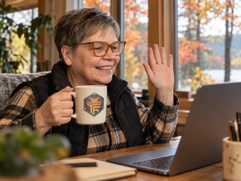 Valérie Payotte salue de la main devant son portable, une tasse Froggy à la main, prête pour un Café Zoom