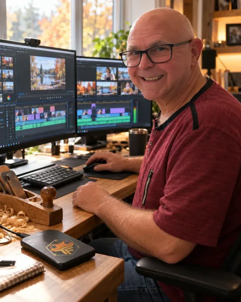 Daniel Chaput, souriant, monte une vidéo à son poste à deux écrans, un petit rabot d'ébéniste sur le bureau