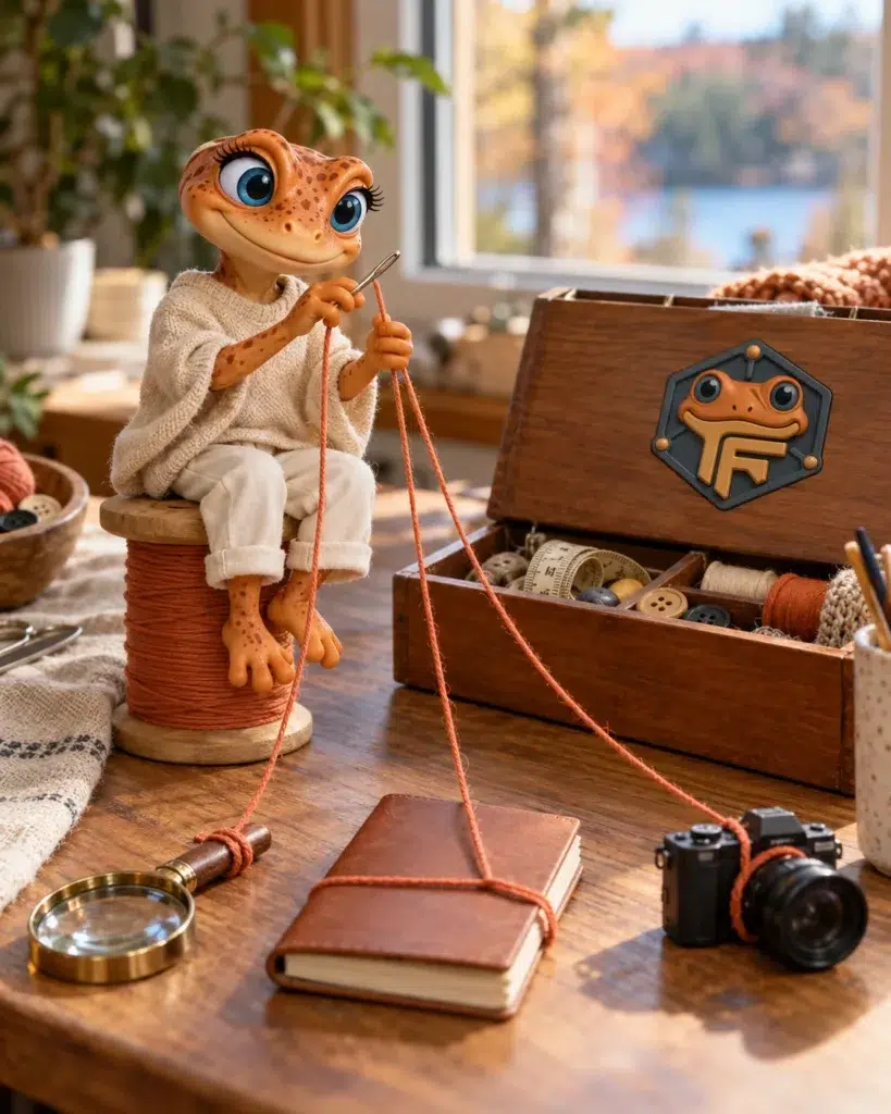 Mini Froggy, assise sur une grosse bobine, enfile un fil terracotta qui la relie à une loupe, un carnet et une caméra