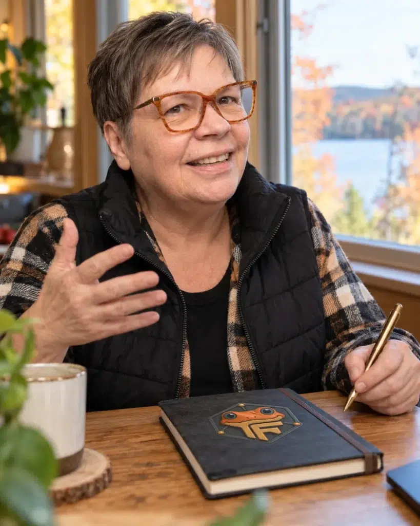 Valérie Payotte, lunettes écaille, explique une idée à sa table de bois, un carnet Froggy ouvert devant elle