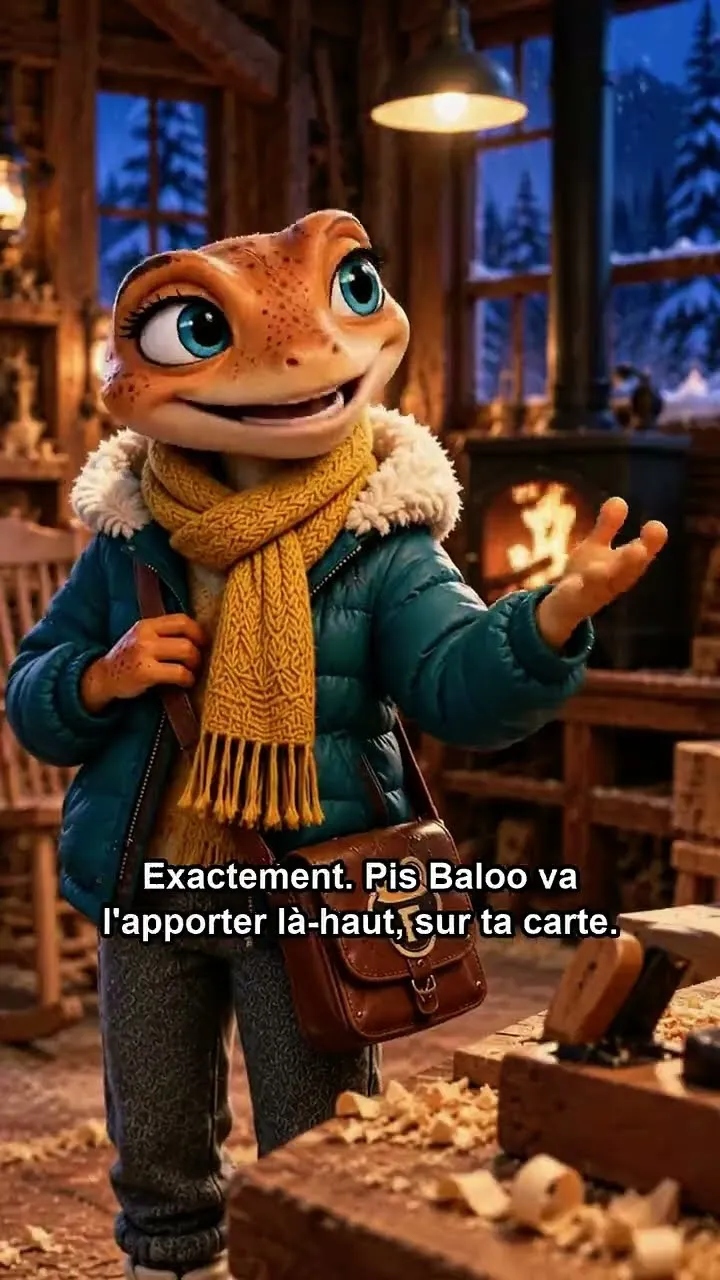 Mini Froggy en manteau d'hiver dans un atelier de bois