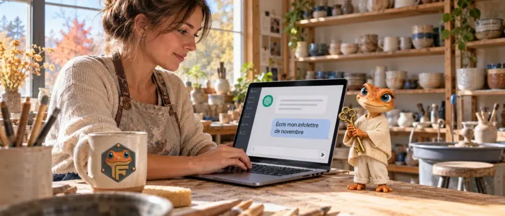 Une céramiste écrit son infolettre avec ChatGPT, Mini Froggy tient une petite clé