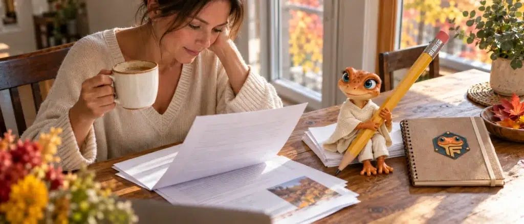 Une propriétaire lit un article, Mini Froggy assise sur la pile de feuilles