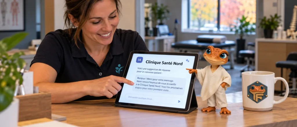 Une physiothérapeute découvre le nom de sa clinique dans une réponse d'IA, Mini Froggy pointe la tablette