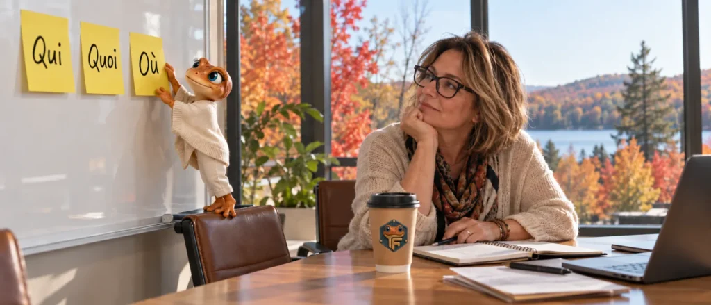 Une gestionnaire réfléchit devant trois post-it, Mini Froggy colle le dernier