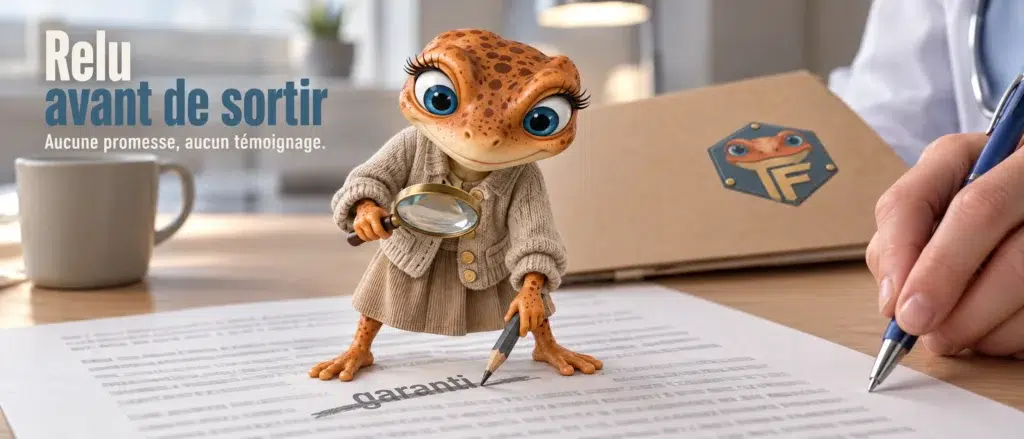 Mini Froggy, loupe à la main, raye le mot « garanti » dans un article de clinique avant sa mise en ligne