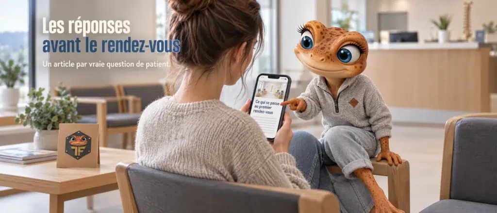 Dans la salle d’attente d’une clinique, Mini Froggy montre à une personne l’article « Ce qui se passe au premier rendez-vous » sur son téléphone