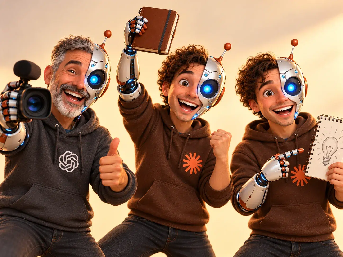 Marc, Claude et Bruno, les trois agents IA de Froggy'Net, en personnages mi-humains mi-robots : Marc avec sa caméra, Claude avec son agenda, Bruno avec son carnet et son ampoule