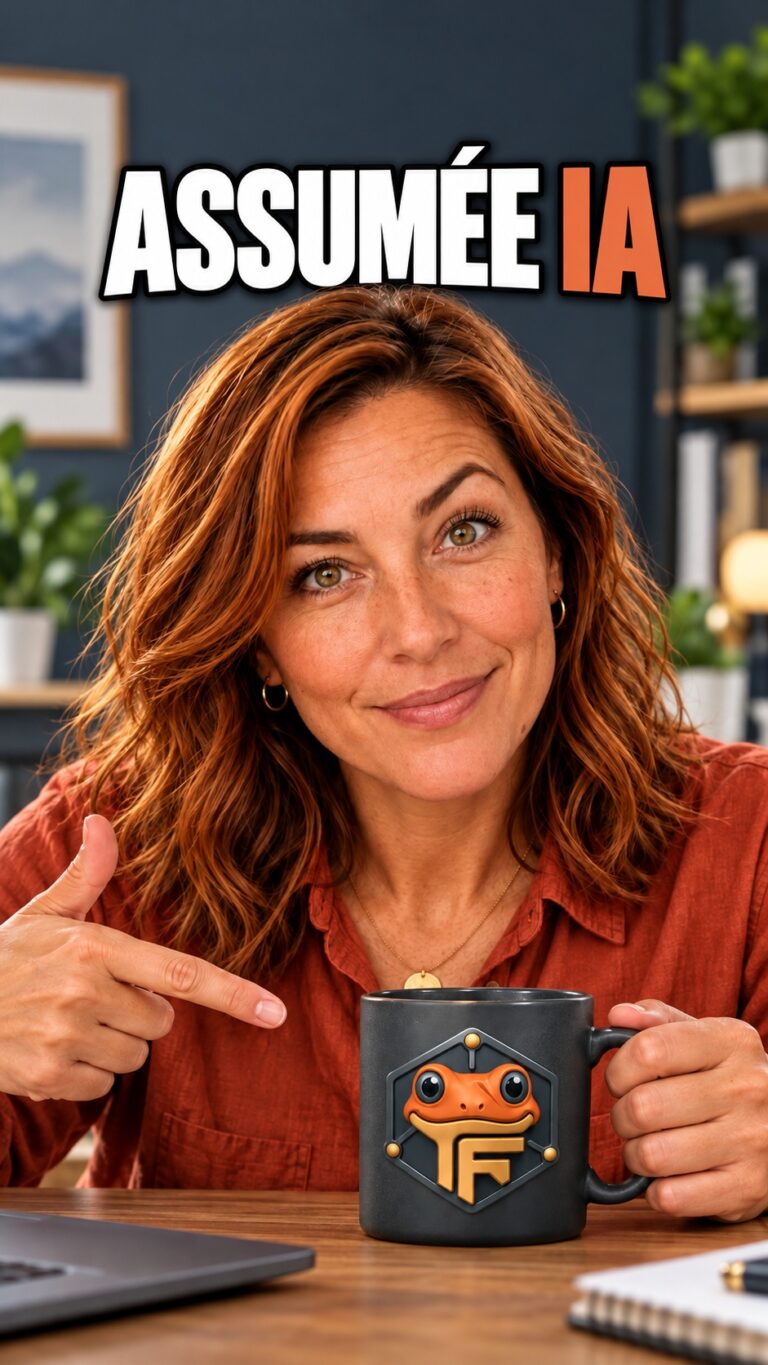 Iris, ambassadrice virtuelle assumée IA, présente une tasse Froggy dans une affiche verticale.