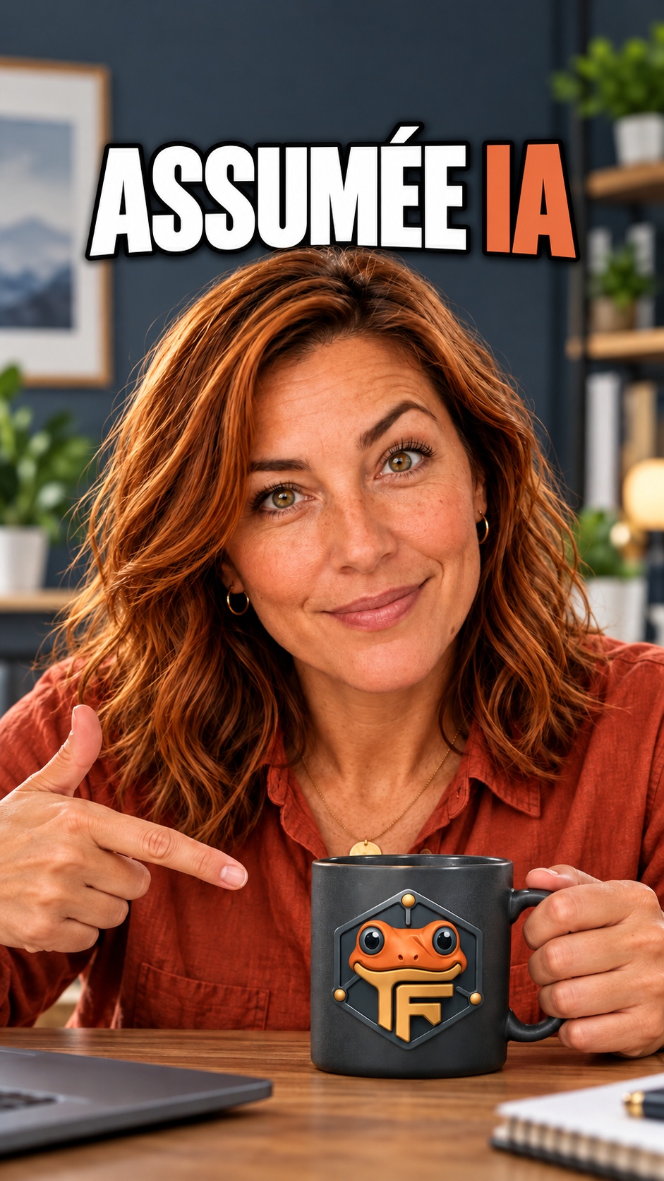 Iris, ambassadrice virtuelle assumée IA, présente une tasse Froggy dans une affiche verticale.
