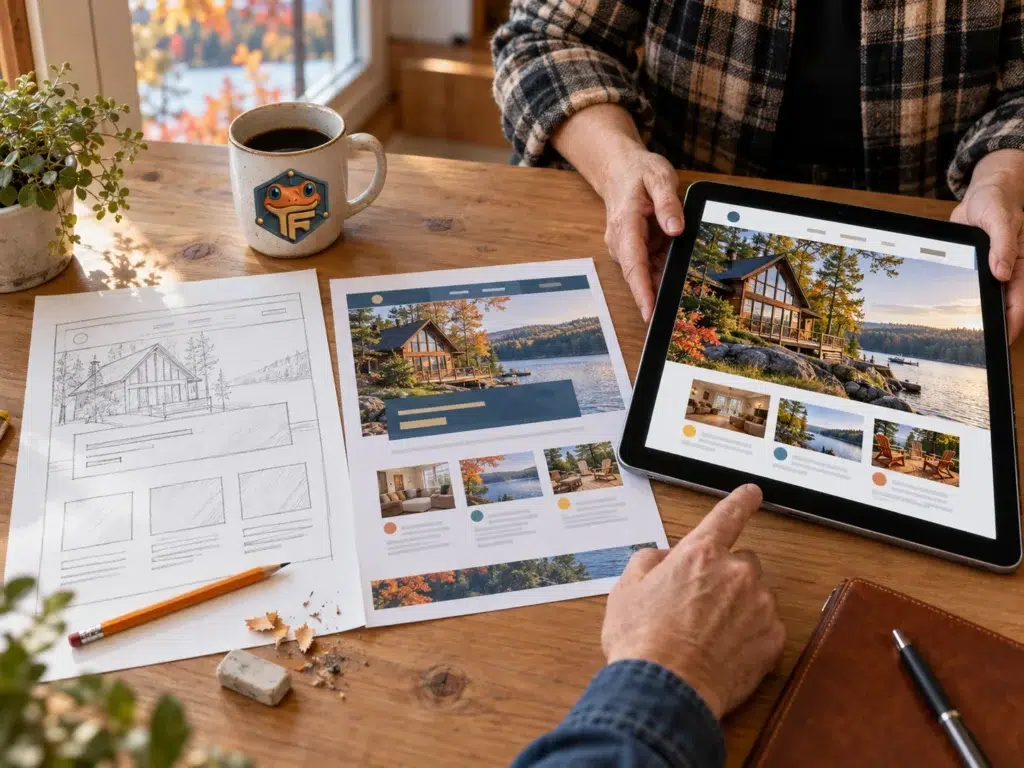 Conception d'un site Web en trois temps : le croquis au crayon, la maquette imprimée, puis le site terminé sur une tablette