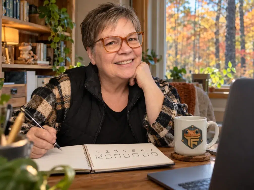 Valérie Payotte en Café Zoom avec un carnet ouvert sur sept cases, la première cochée
