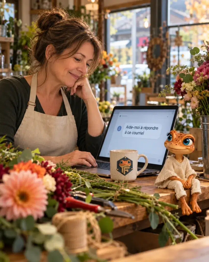 Une fleuriste écrit à une IA « Aide-moi à répondre à ce courriel », Mini Froggy assise au bord du comptoir