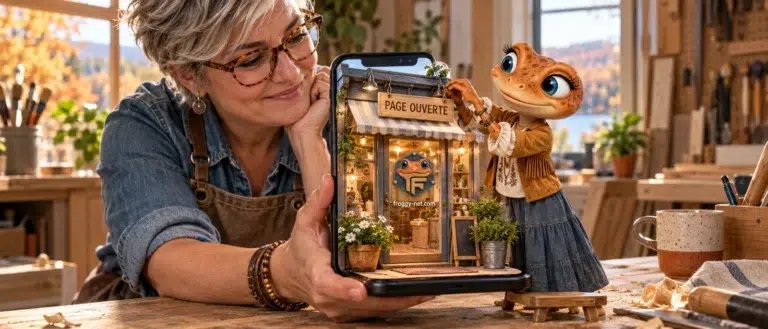 Page LinkedIn entreprise : une propriétaire de PME et Mini Froggy ouvrent une vitrine miniature qui sort de son téléphone
