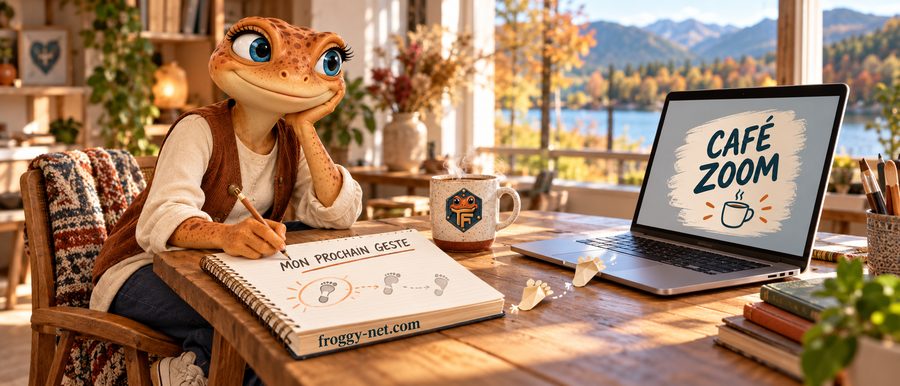 Mini Froggy prépare son prochain geste puis un Café Zoom dans un atelier au bord du lac