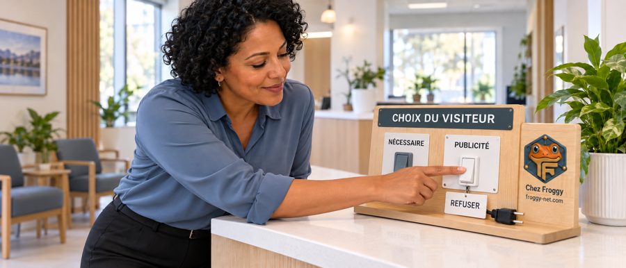 Une visiteuse fictive refuse la publicité sur un panneau de choix des témoins, avec les témoins nécessaires distincts