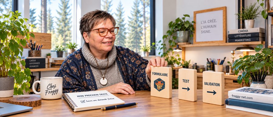 Valérie Payotte illustre le premier geste pour une clinique des Laurentides : formulaire, test et validation sur trois dominos de bois