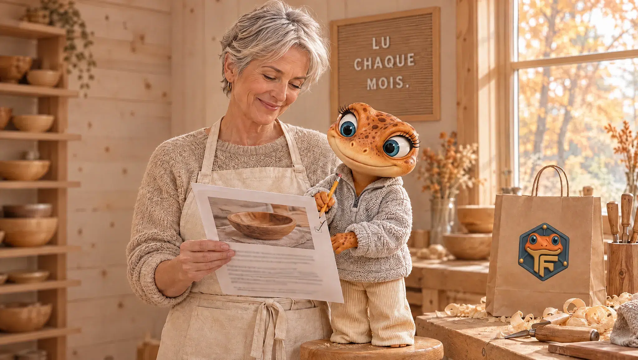 Une ébéniste relit l’épreuve de l’article de son blogue dans son atelier pendant que Mini Froggy coche la marge, sous le tableau « Lu chaque mois »