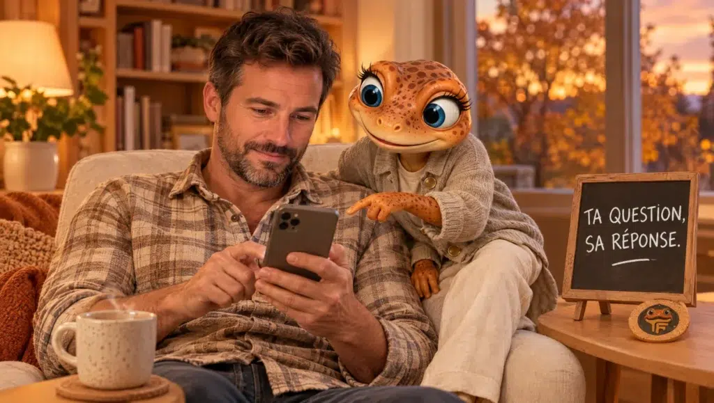 Un homme lit un article de blogue sur son téléphone dans son salon pendant que Mini Froggy pointe la réponse, près de l’ardoise « Ta question, sa réponse »