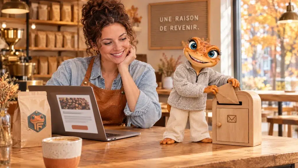 La propriétaire d’une boutique de café sourit devant son infolettre prête à partir pendant que Mini Froggy glisse une enveloppe dans une boîte aux lettres, sous le tableau « Une raison de revenir »
